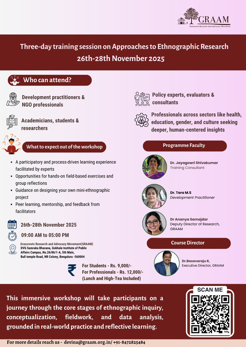 📢 Join GRAAM’s 3-day workshop on Approaches to Ethnographic Research — learn how to connect theory, fieldwork &amp; analysis to real-world insights!

🗓️ 26–28 Nov 2025 | 📍 Bengaluru
💰 Students ₹9000 | Professionals ₹12000
🔗 Apply: lnkd.in/gyS5qqeu
#Ethnography #Research