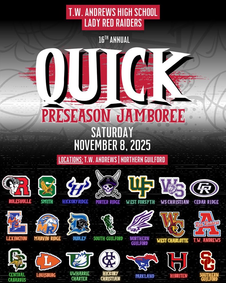 🚨COLLEGE COACHES! Join us at the 16th Quick Preseason Jamboree on Sat, 11/8/25 for Varsity HS Girls 🏀🏀Games will take place
<a href="/TWALadyRaiders/">TWALadyRaidersWBB</a>
and Northern Guilford. College Coaches admission includes rosters w/contact information. DM/ EShearij@gcsnc.com
