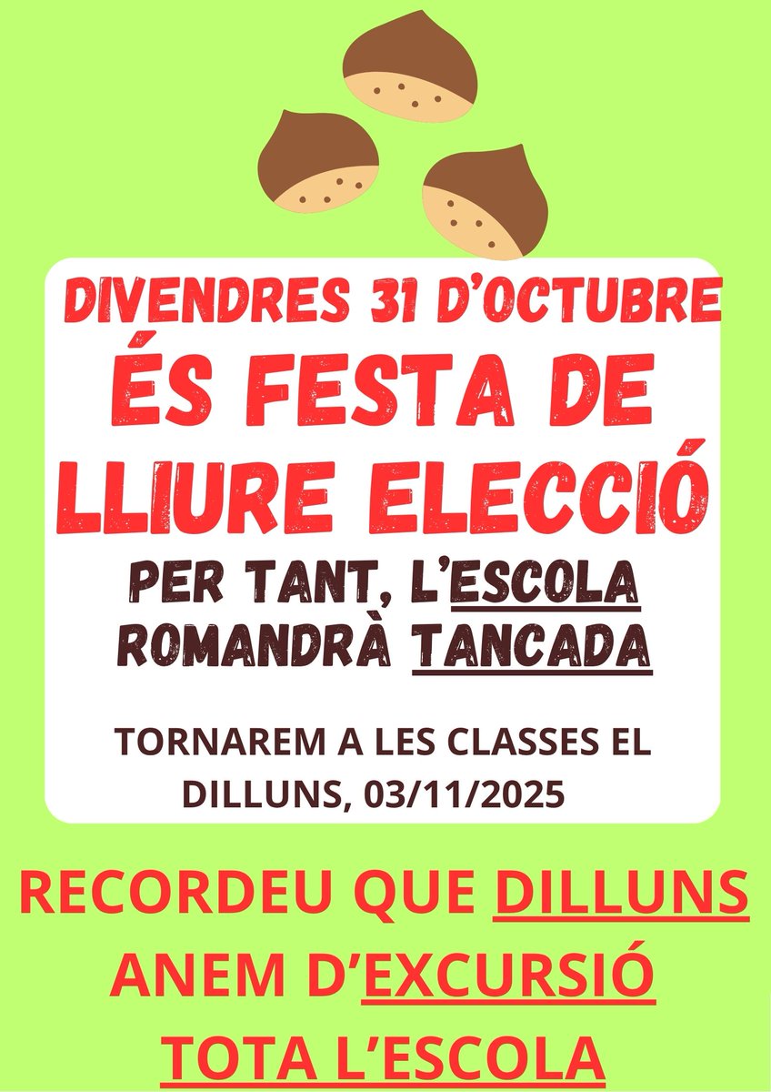 Benvolgudes famílies. Recordeu que DEMÀ divendres 31 d'octubre ES FESTA DE LLIURE DISPOSICIÓ i l'escola romandrà tancada. Tornarem a les classes el dilluns 3 de novembre a les 9h. No us oblideu que DILLUNS, tota l'escola marxem d'excursió per fer l'activitat "Cultures del món".