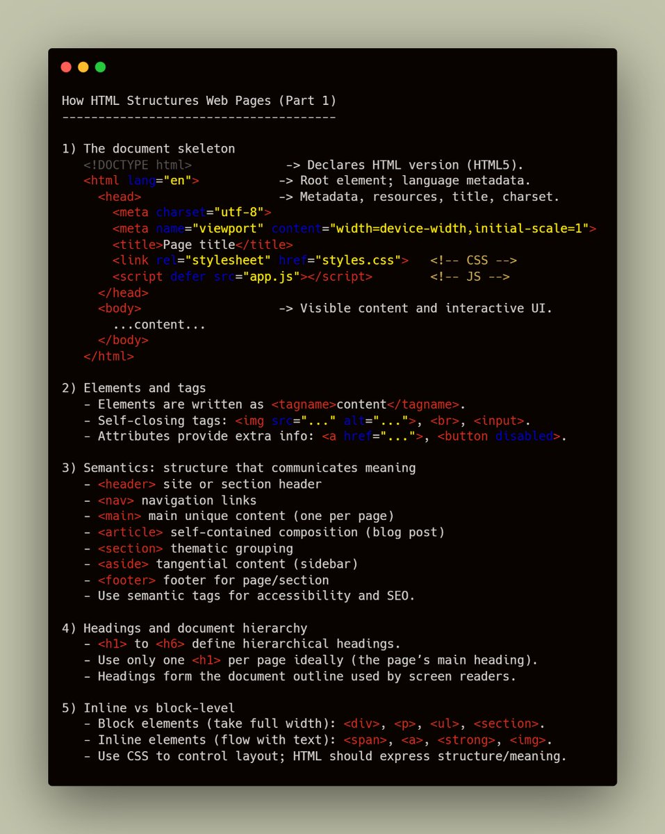 e_opore's tweet image. How HTML Structures Web Pages
You start by writing an .html file — the foundation of every web page.
HTML (HyperText Markup Language) provides the structure and meaning of content on the web using elements enclosed in tags.
→ The DOCTYPE declaration tells the browser which…