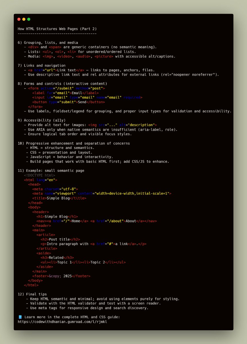 e_opore's tweet image. How HTML Structures Web Pages
You start by writing an .html file — the foundation of every web page.
HTML (HyperText Markup Language) provides the structure and meaning of content on the web using elements enclosed in tags.
→ The DOCTYPE declaration tells the browser which…
