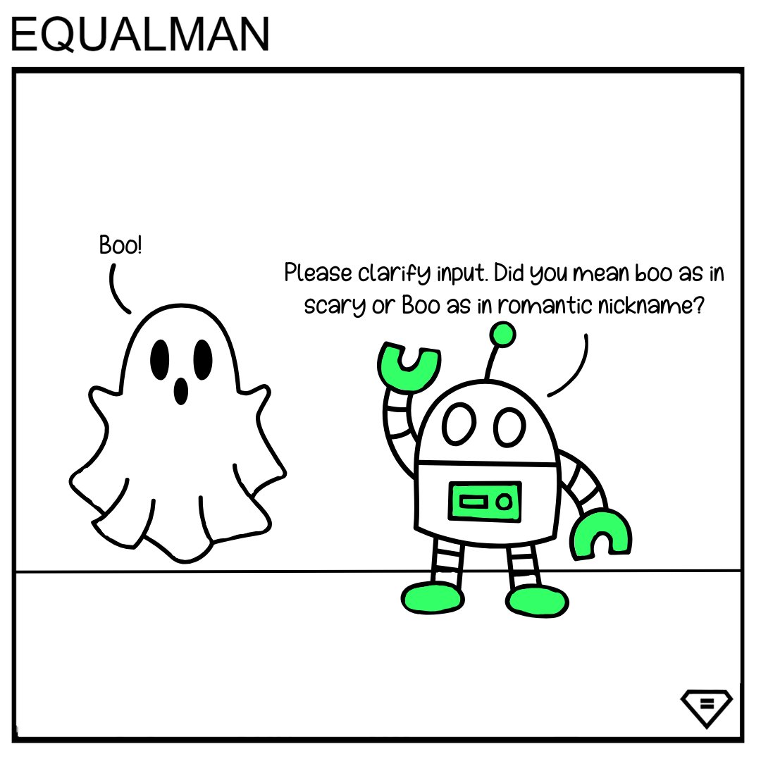 equalman's tweet photo. A classic case of miscommunication: the ghost just wanted to spook, but the robot needed clarification (which is a bit spooky).
#Spooky #Halloween #Funny #Comic #Equalman https://t.co/j0vMcNdm9m