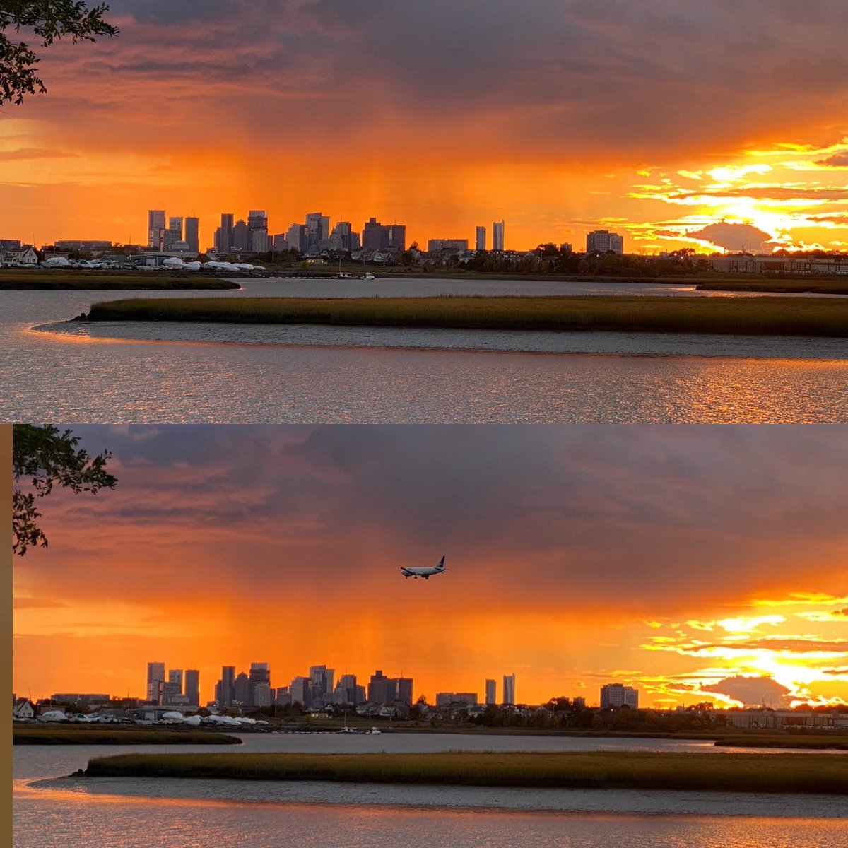 And this view is Y love my home ❤️ Sun setting over #BostonHarbor #Boston   
And plane landing @ #LoganAirport 
Only spot it’s raining is right over middle of city of Boston 🌦️
