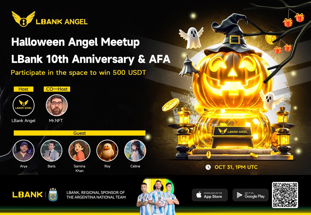LBankAngels's tweet image. 🎃#Halloween Angel Meetup: Sharing of #LBank10Years Anniversary &amp;amp; AFA Series Events
💰Participate in the space to win 500 USDT
⏰Time: Nov 31th, 1PM UTC

How to win: 
✅Like + RT + Tag2️⃣friends
✅Comment with a blessing and your LBank UID
✅Follow…