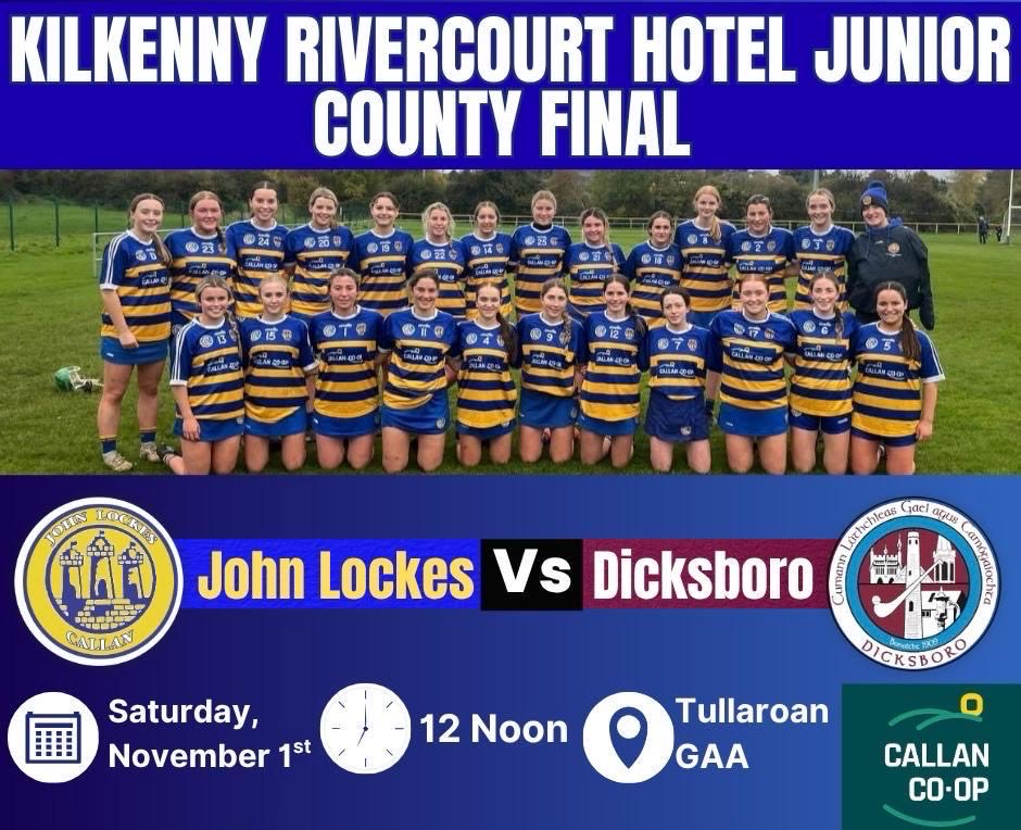 The John Lockes Junior team will line out in the Junior County Final this Saturday.

We encourage everyone to get behind the team and show their support this weekend. Best of luck to all involved - we’re cheering you on! 🙌🔵🟡 #camogie #countyfinal
