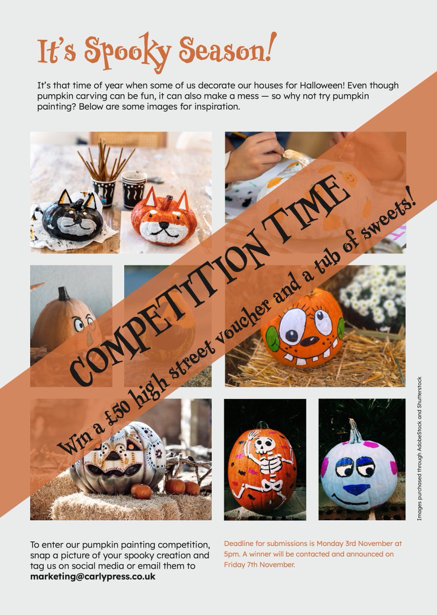 CarlyPressLtd's tweet photo. As we reach the highlight of spooky season tomorrow, we’re joining in the fun with a Pumpkin Painting Competition from The Wellington Edge magazine! 🎃

You could win a £50 high street voucher and a tub of sweets! 👻

*Deadline for submissions is Monday 3rd November at 5pm. https://t.co/H3FytAu2jB