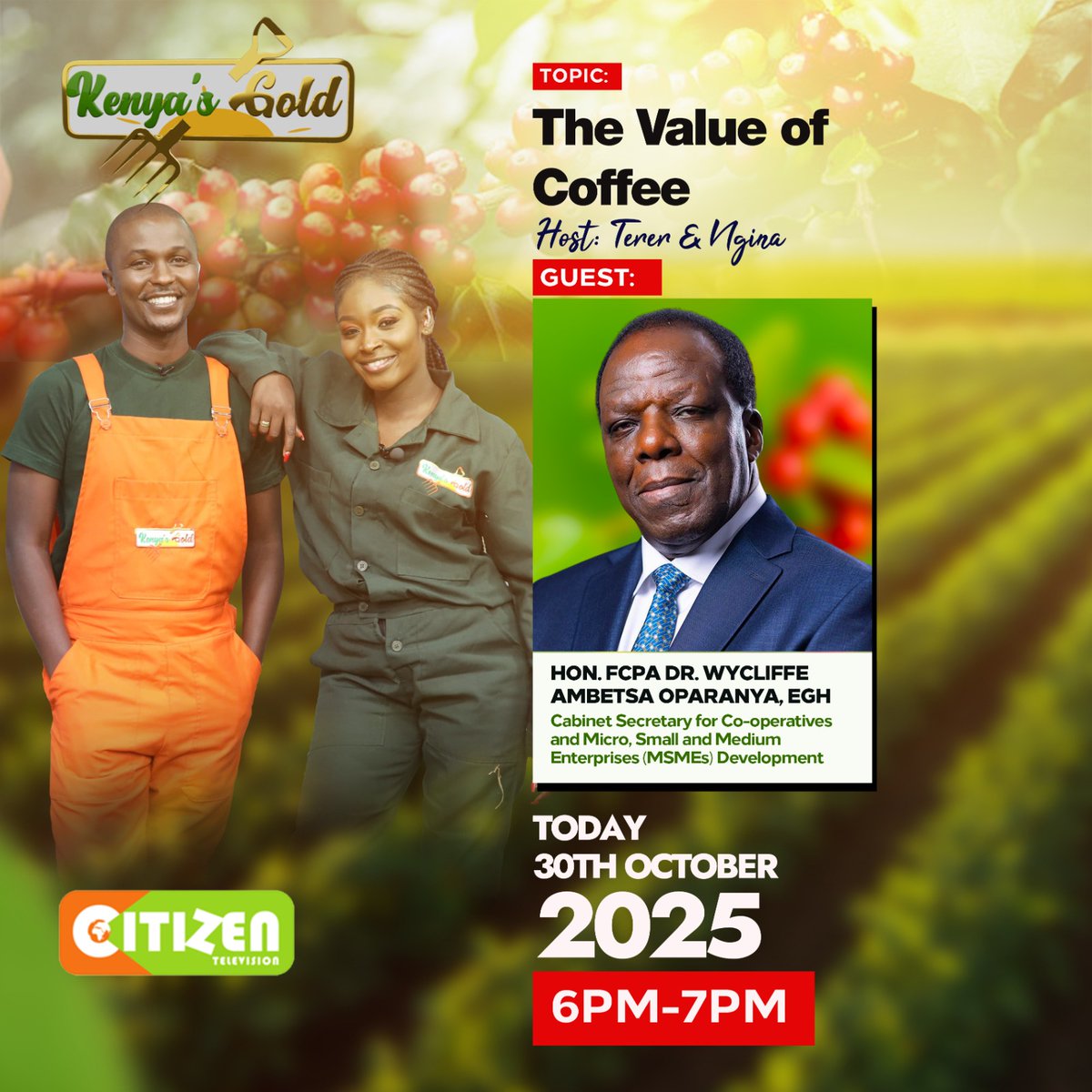 DrOparanya's tweet image. Join me this evening on @citizentvkenya from 6 p.m. as we explore the coffee value chain, covering every stage from  production to processing, manufacturing and marketing.

#KahawaNiDollar