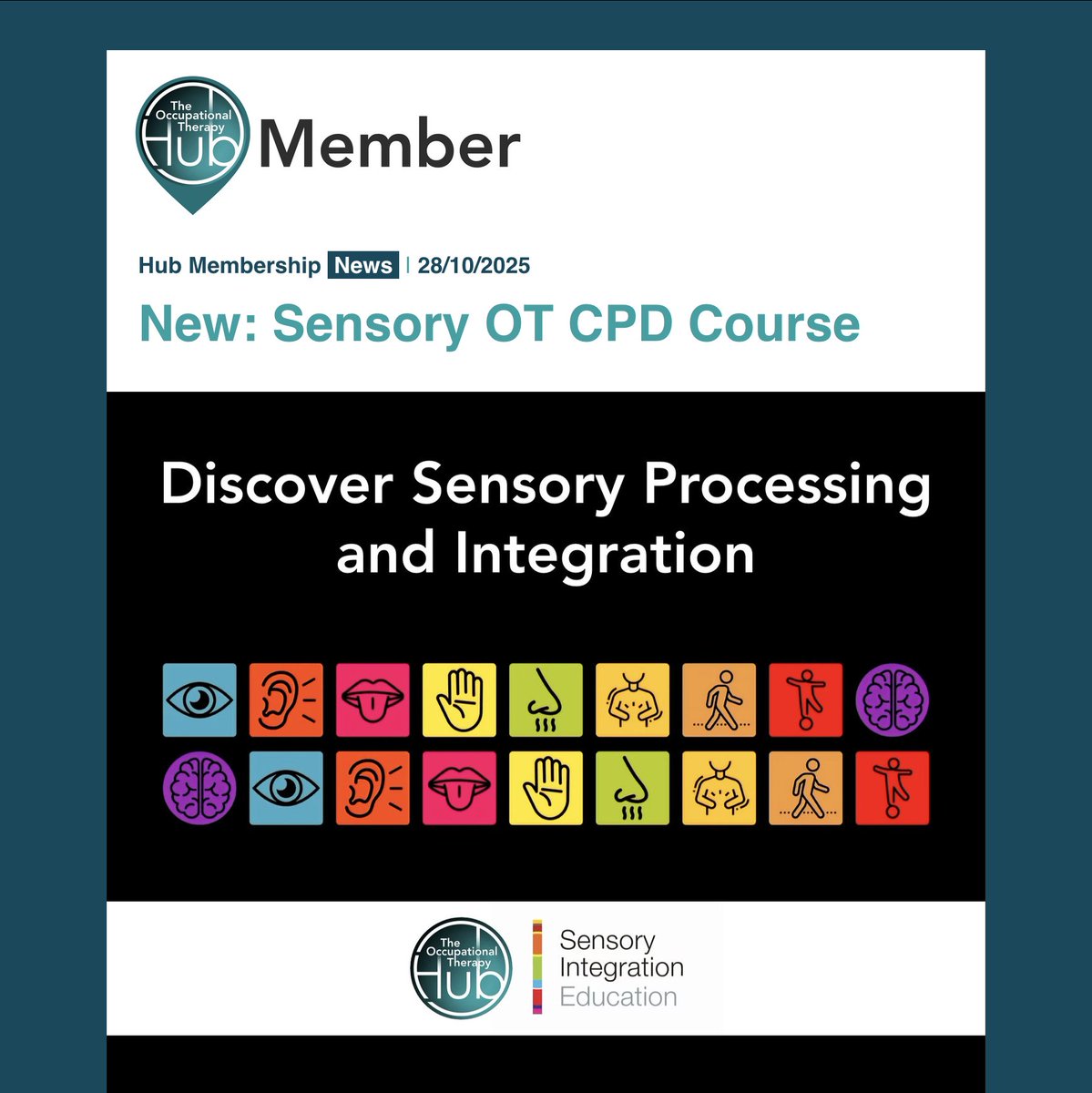 theOThub's tweet image. For #WorldOTDay this week, we brought you a new OT #CPD Course: Enter the fascinating world of #SensoryIntegration and processing! Learn about the 8 sensory systems and how processing differences impact daily lives.
📩 Your latest resources: theOThub.com/members (/check inbox)