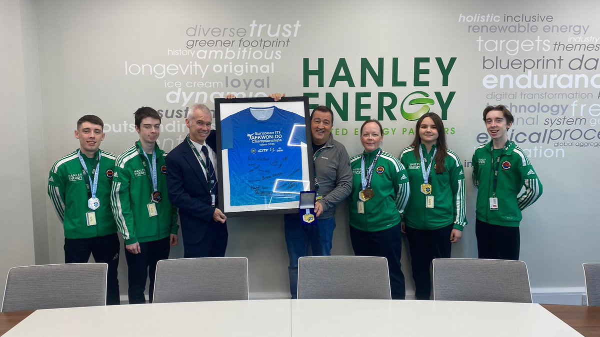 Members of the RITA’s National Squad visited <a href="/HanleyEnergy/">Hanley Energy</a> at their HQ in Stamullen, Co. Meath. They presented Dennis Norden (Co-founder) with a signed T-Shirt from this year’s European Championships in Estonia. <a href="/MHDTKD/">GM Howard Taekwon-Do</a>