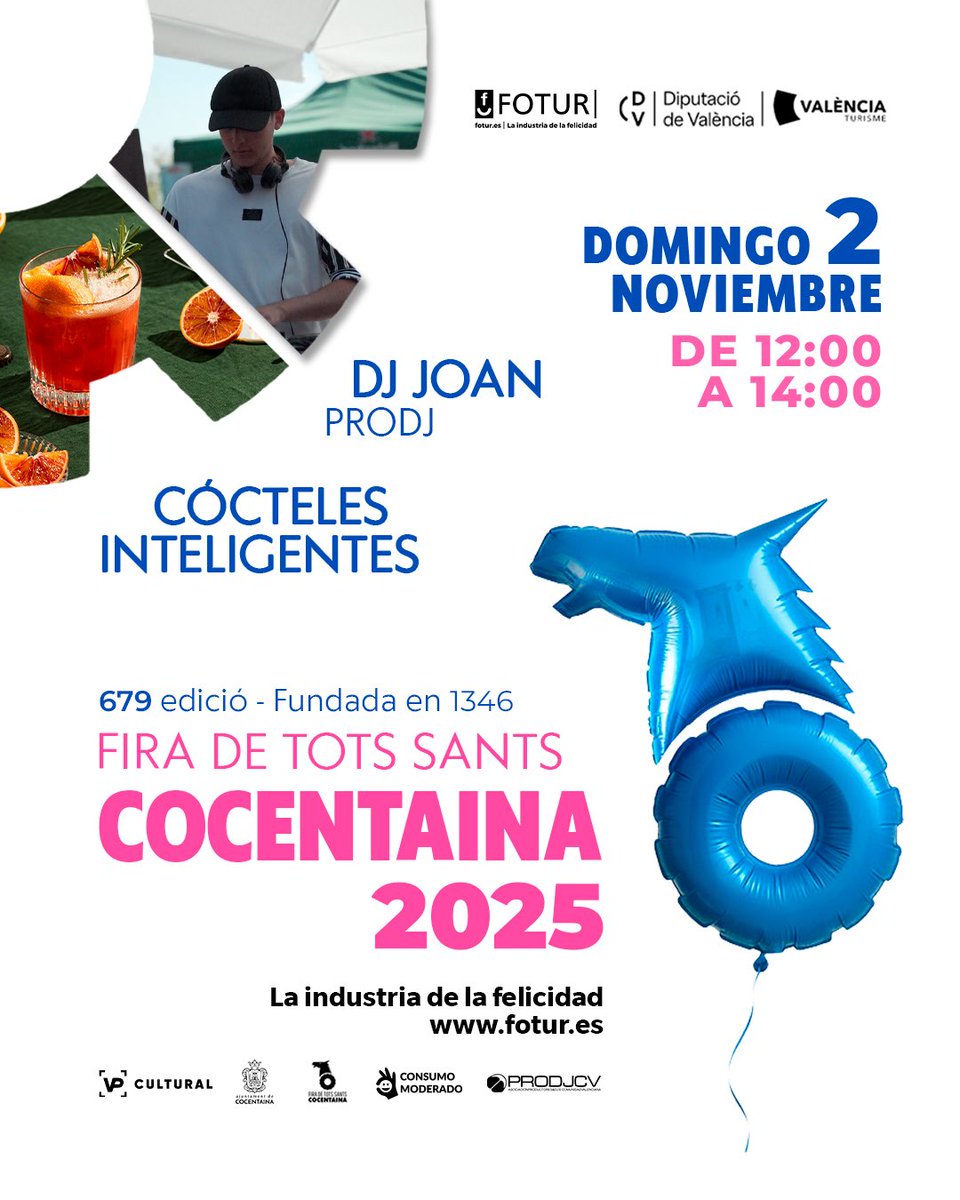 🎡✨ ¡La #FiraDeTotsSants de Cocentaina 2025 se llena de música, sabor y felicidad!

Este domingo 2 de noviembre, de 12:00 a 14:00 h, te esperamos en el Espai Gastronòmic con una propuesta única:
🎧 Sesión de DjJoan (ProDj CV)
🍸 Degustación de coctelería inteligente,