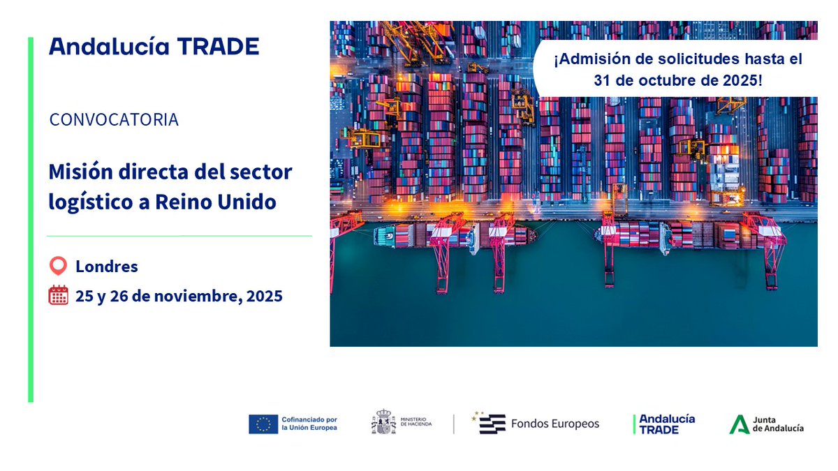 trade_andalucia's tweet image. 📣CONVOCATORIA
Misión directa para empresas andaluzas del sector #logístico a Reino Unido🇬🇧

🗓️ 25 y 26 de noviembre, 2025
📍 Londres

Solicitudes hasta el 31/10 👇
andaluciatrade.es/internacionali…

@EconoHaciendAND #feder #exportaciones #comercioexterior