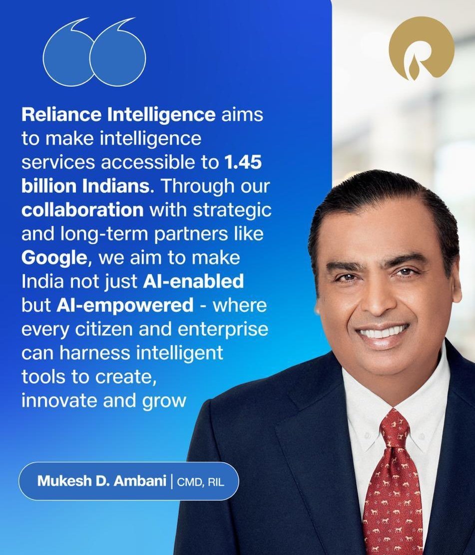 A_sharma45's tweet image. 🚀 Breaking: Reliance x Google partnership announced!

All Jio users to get 18 months of Google AI Pro access FREE 🤯
This could change how India uses AI 🇮🇳✨

#Jio #GoogleAI #TechNews #AI
