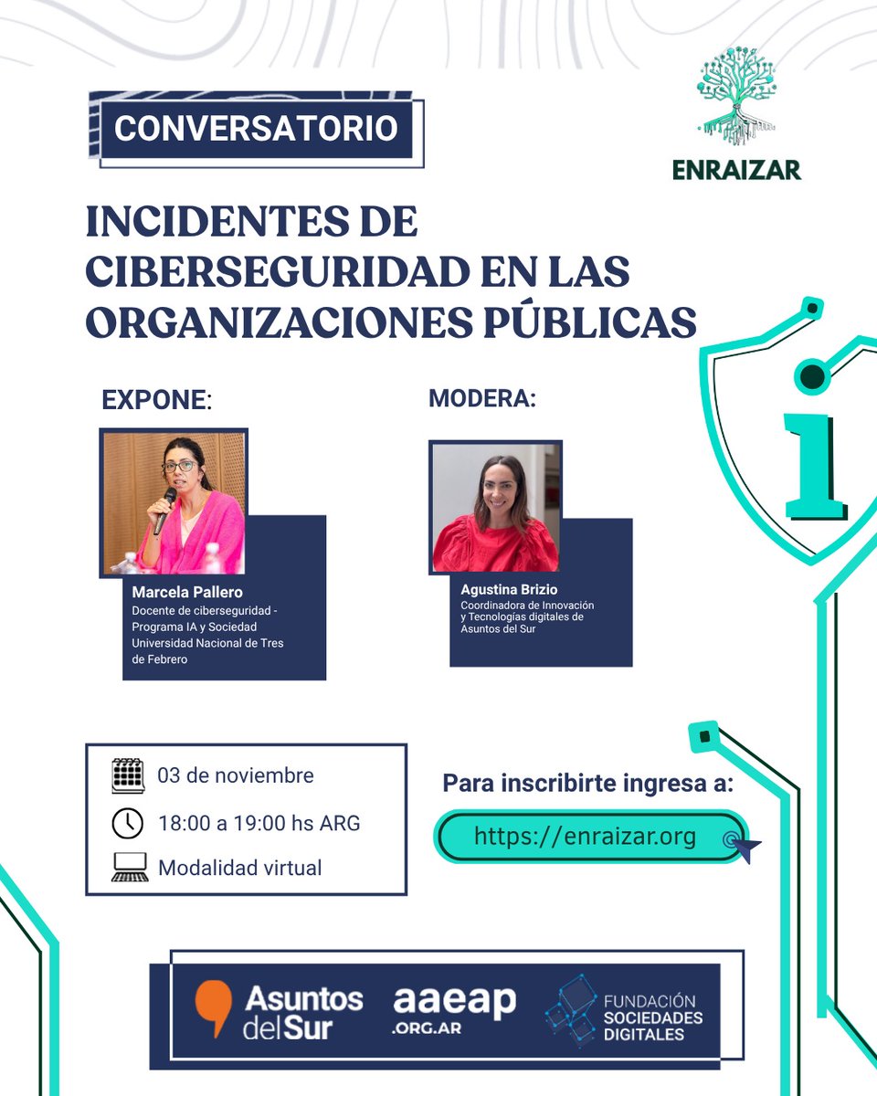 Nuestros datos valen más de lo que creemos. En un mundo hiperconectado, proteger la información y prevenir riesgos digitales es esencial.
👩🏽‍💻 Conversatorio virtual a cargo de <a href="/Marce_I_P/">Marcela Pallero 💚</a> y  Agustina Brizio
✍️ Inscribite en enraizar.org