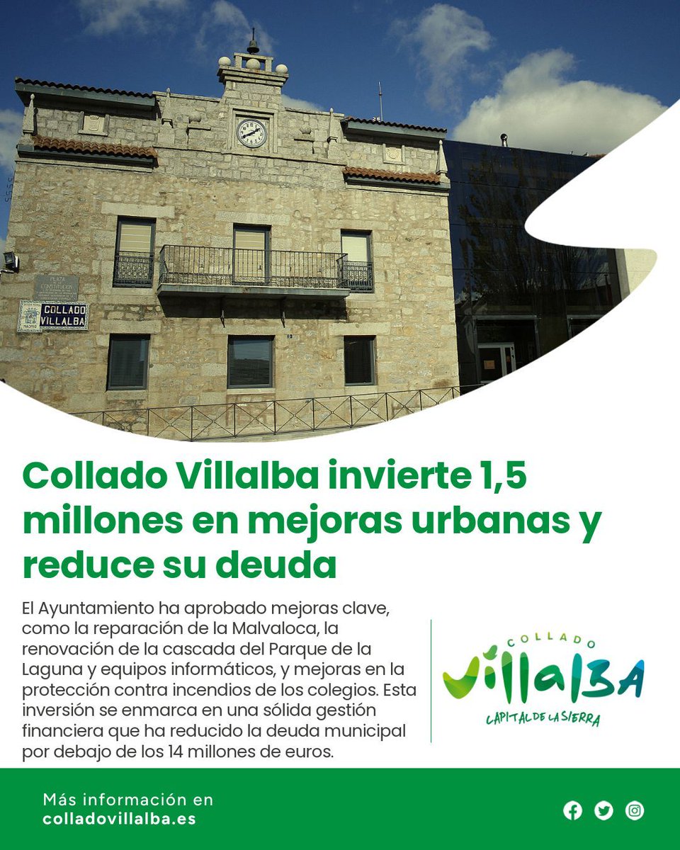 ¡Invertimos en lo que importa! 💙

Mejoras para Collado Villalba. 🏡

✅ Reparación cubiertas Palacio de la Malvaloca
✅ Nueva cascada en el Parque de la Laguna
✅ Renovación equipos informáticos
✅ Mejoras en protección contra incendios de colegios

#ColladoVillalba 🎉