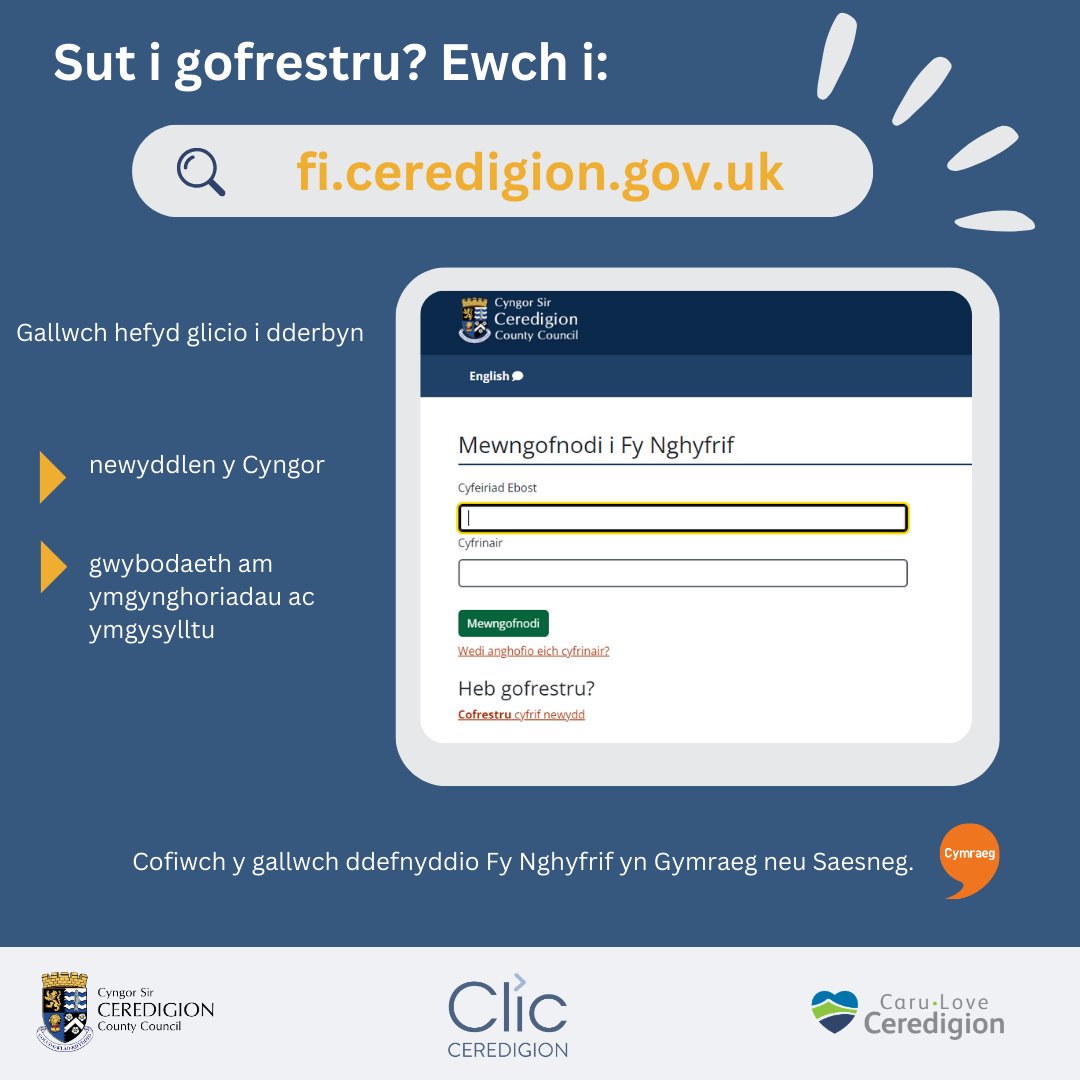 CSCeredigion's tweet image. Mae Fy Nghyfrif yn cyflwyno ffordd newydd o gael mynediad at wasanaethau&apos;r Cyngor ar-lein. Gallwch wneud y canlynol:
✅ Gwirio eich casgliad gwastraff nesaf
✅ Cyflwyno ymholiad
✅ Cofrestru ar gyfer cylchlythyr y Cyngor
A mwy...

I gofrestru 👇
ceredigion.gov.uk/preswyliwr/fy-…
