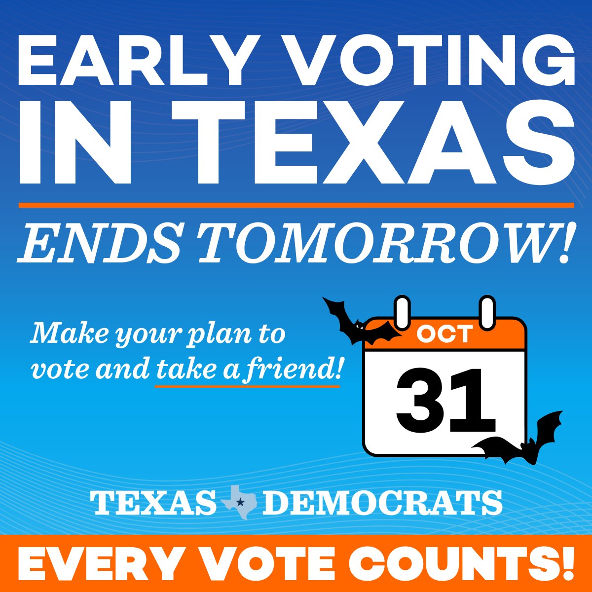 texasdemocrats's tweet image. EARLY VOTING ENDS TOMORROW! You have two whole days to beat the rush and do your civic duty! Make sure you take a friend as well!

#GOTV #EarlyVoting #Democracy #Texas