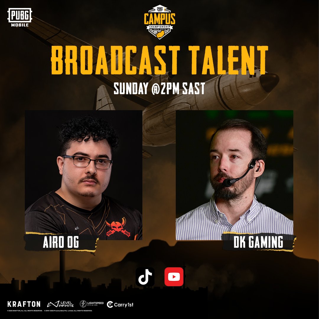 🚨Talent announcement🚨

Here are the voices gracing the <a href="/PUBGMOBILE/">PUBG MOBILE</a> Campus Championship online Grand Finals this Sunday🔥
🎙️| <a href="/DKZA_Gaming/">DK Gaming</a> 
🎙️| <a href="/Airo_OG_/">Alex Wrigley</a> 

Time: 14h00
Watch here: tiktok.com/@pubg.mobile.a… | youtube.com/@PUBGMOBILEAfr… (And also <a href="/carry1st/">Carry1st</a> channels)

⚡<a href="/carry1st/">Carry1st</a>