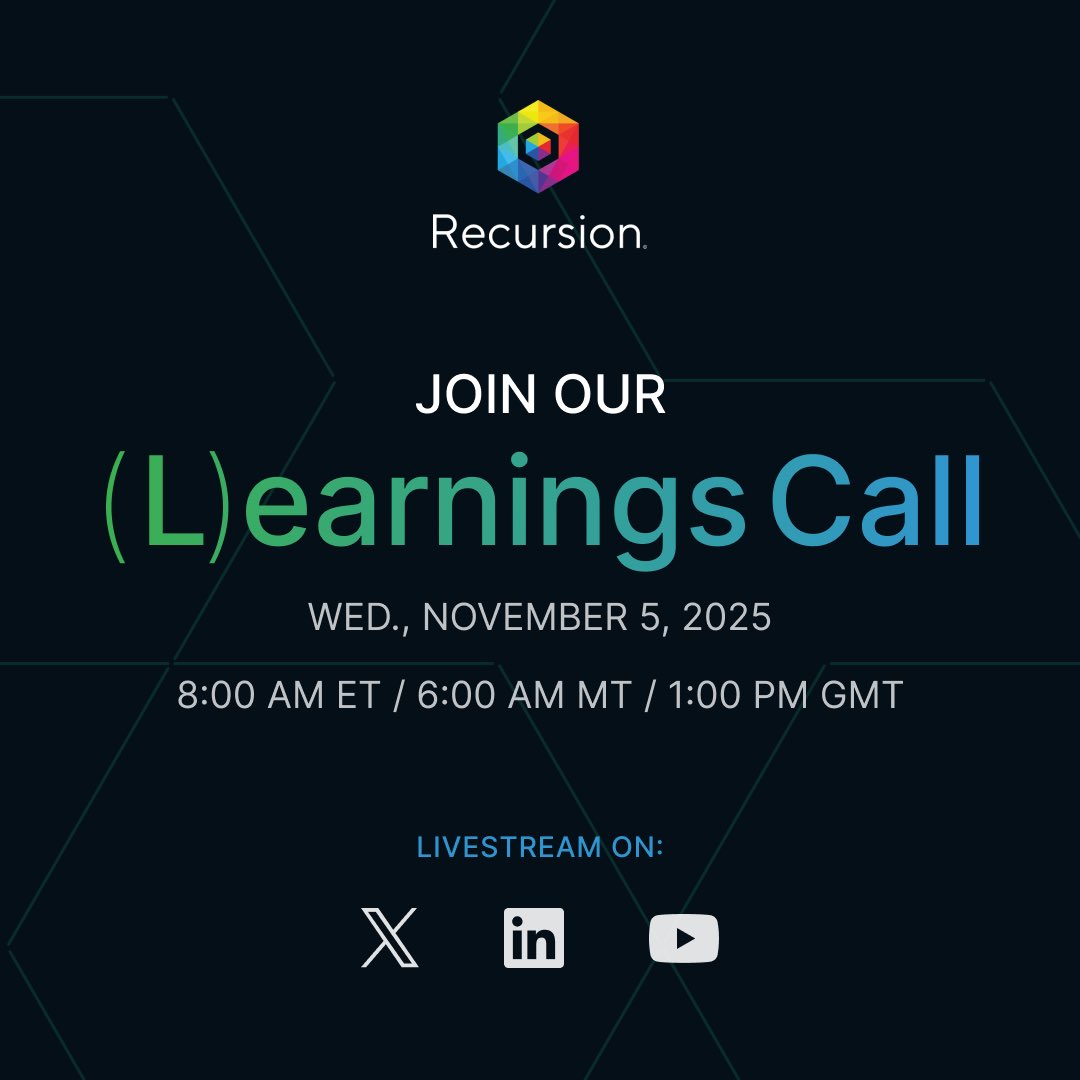RecursionPharma's tweet image. In case you missed it – our (L)earnings Call will be held on Wednesday, November 5.

Learn more about our just-announced Microglia Map with Roche and Genentech along with other business updates and third quarter 2025 financial results on Wednesday, November 5, 2025 at 8:00 am ET…