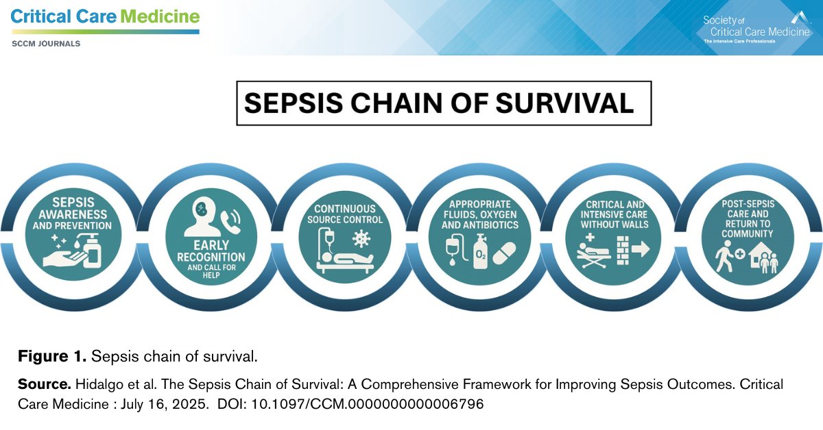 CritCareMed's tweet image. ➡️ The Sepsis Chain of Survival: A Comprehensive Framework for Improving Sepsis Outcomes

🔗 Each link in the chain is critical and interdependent, though not necessarily applied in a linear sequence.

✅ Read the research in CCM: ow.ly/RhzS50XjsiU

#SCCM #CritCareMed @SCCM