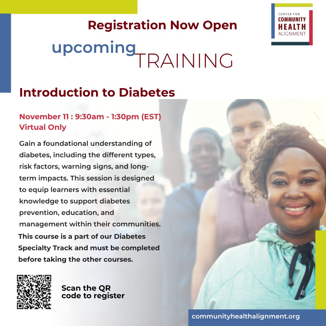 Join us November 11th 9:30am–1:30pm EST for our Introduction to Diabetes training. 

Register Now: loom.ly/_7wyg1E 

#DiabetesAwareness #CHWTraining #CommunityHealth #CCHA #communityhealthworkers
