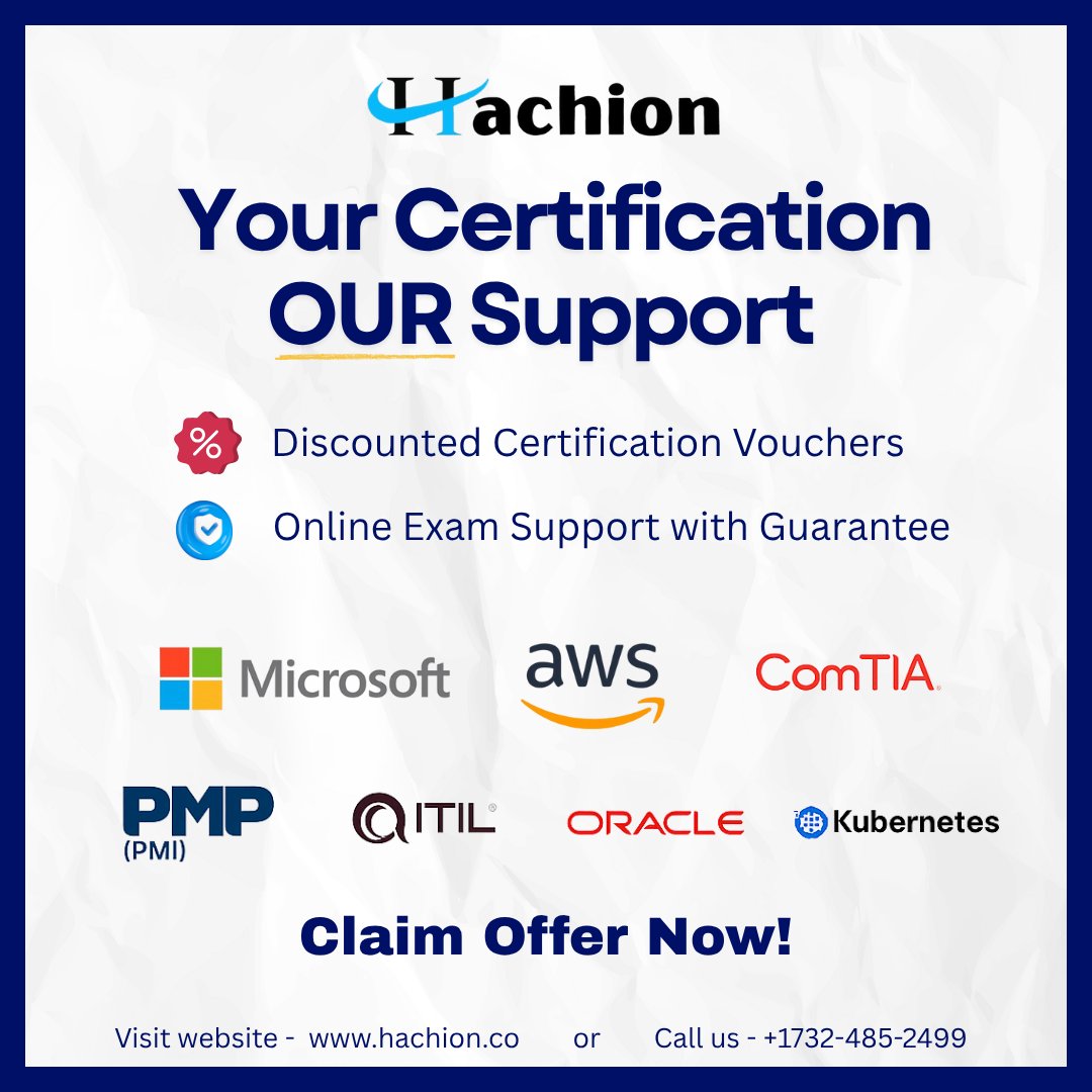 Hachion4's tweet image. Get certified without the stress! 🎯 Hachion provides discounted vouchers AND online exam support with a guarantee for top certifications from Microsoft, AWS, PMP, CompTIA &amp;amp; more.

🚀 Claim your offer now!

#ITCertification #CareerGrowth #Hachion #MicrosoftCertified #AWSCertified
