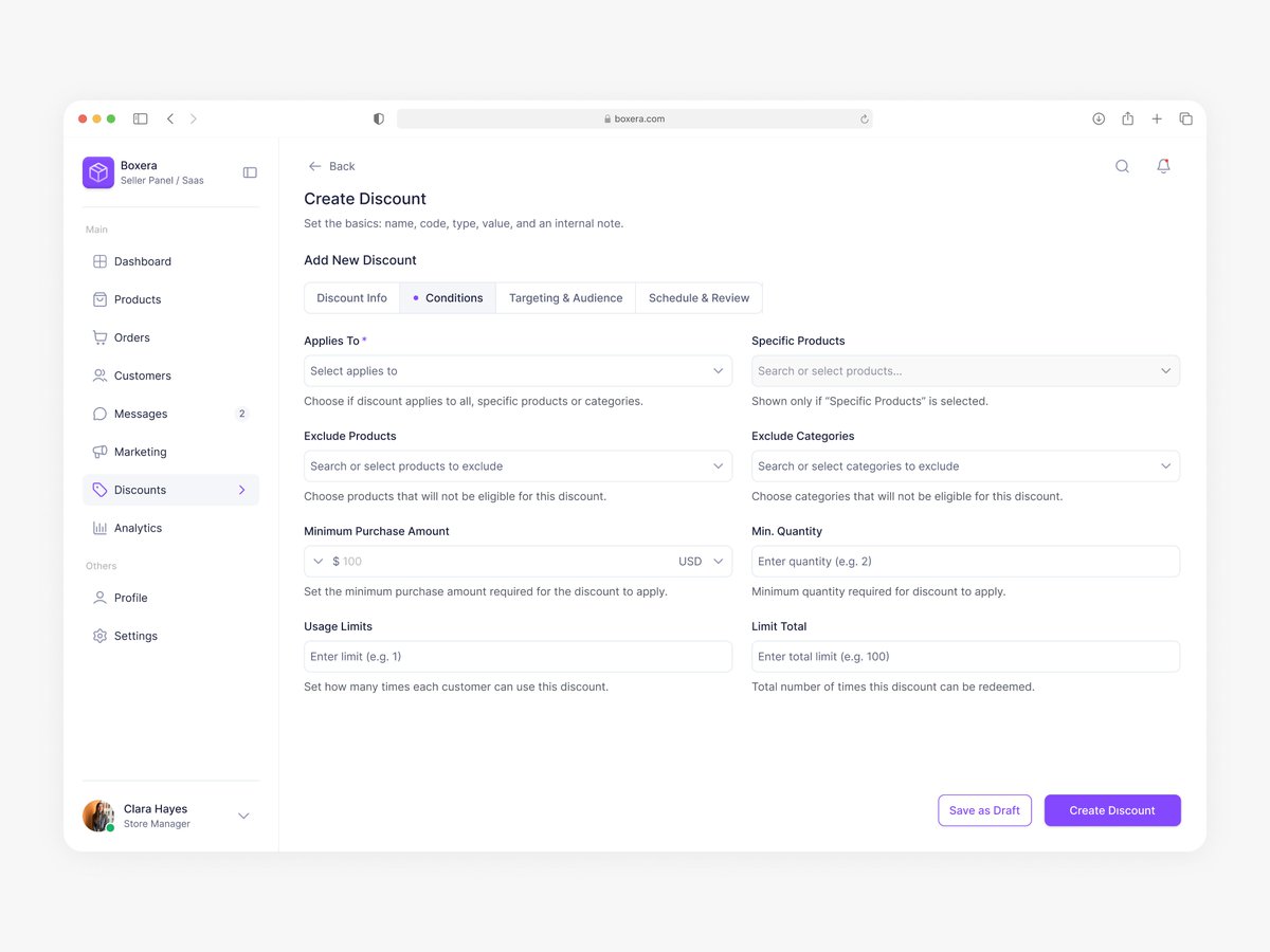 arnak_seyma's tweet photo. New Create Discount flow ✨
— Info: name/code/type/value (+ .txt upload)
— Conditions: applies-to, excludes, min spend/qty, per-customer &amp; total limits
Draft or Create—fast and safe.
Dribbble: https://t.co/nophvTeWMU
#ux #ui #saas #ecommerce #forms #productdesign https://t.co/vgur9mfj7j