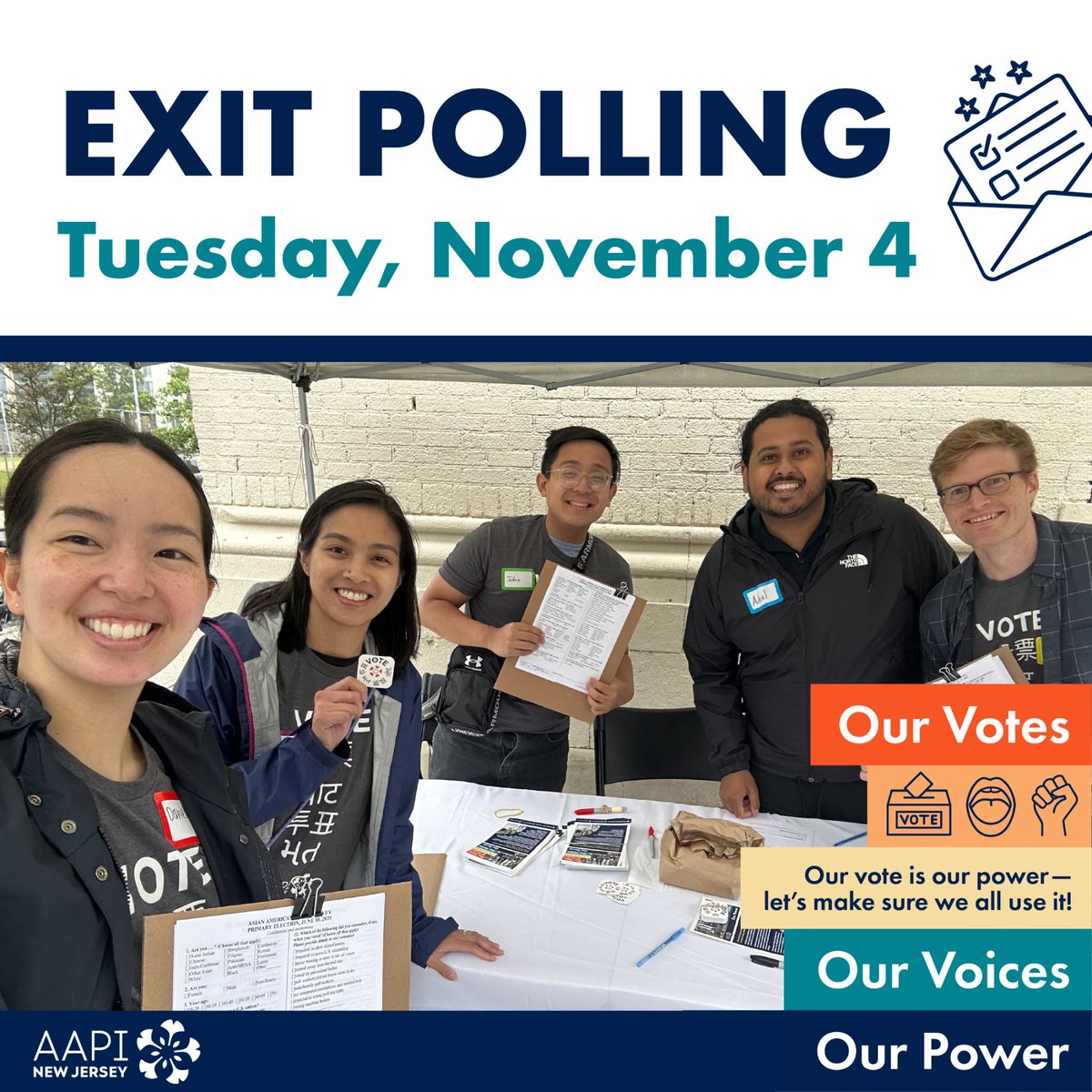 NJ's Asian American Exit Poll is back and bigger than ever! Volunteer at polling sites in Fort Lee, Palisades Park, Paterson, Jersey City, and Edison on Election Day to help protect our communities' voting rights and ensure AAPI voters are heard. aapinewjersey.org/event/general-…