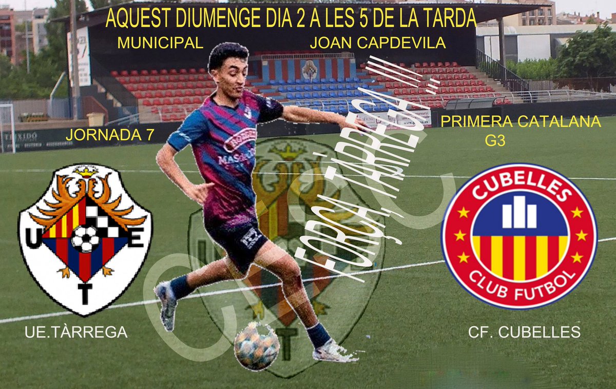 Aquest diumenge dia 2 de novembre, a les 5 de la tarda, el Mpal. Joan Capdevila serà l'escenari de la setena jornada de Lliga de Primera Catalana G3, que jugaran  la <a href="/UETarrega/">UE Tàrrega</a> i el <a href="/CFCubelles/">CLUB FÚTBOL CUBELLES</a>. Molta força, nois!!! ⚽