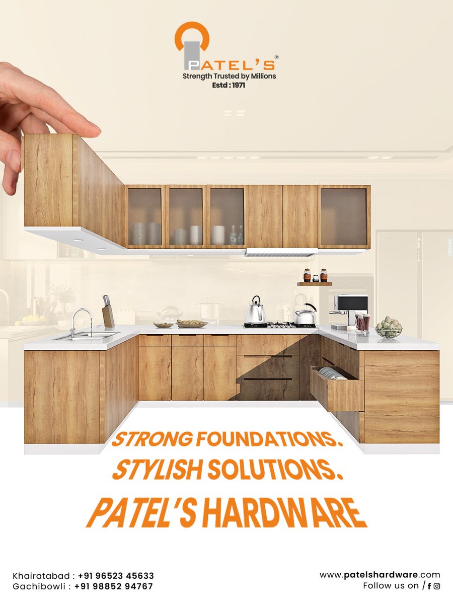 Patelshardware's tweet image. Build your dream kitchen with patel’s hardware – where strength meets style. Trusted since 1971 for durable fittings, elegant designs, and quality you can rely on. 
 
Visit our website: patelshardware.com
#patelshardware #interiordesign #modularkitchen #homedecor #kitchen