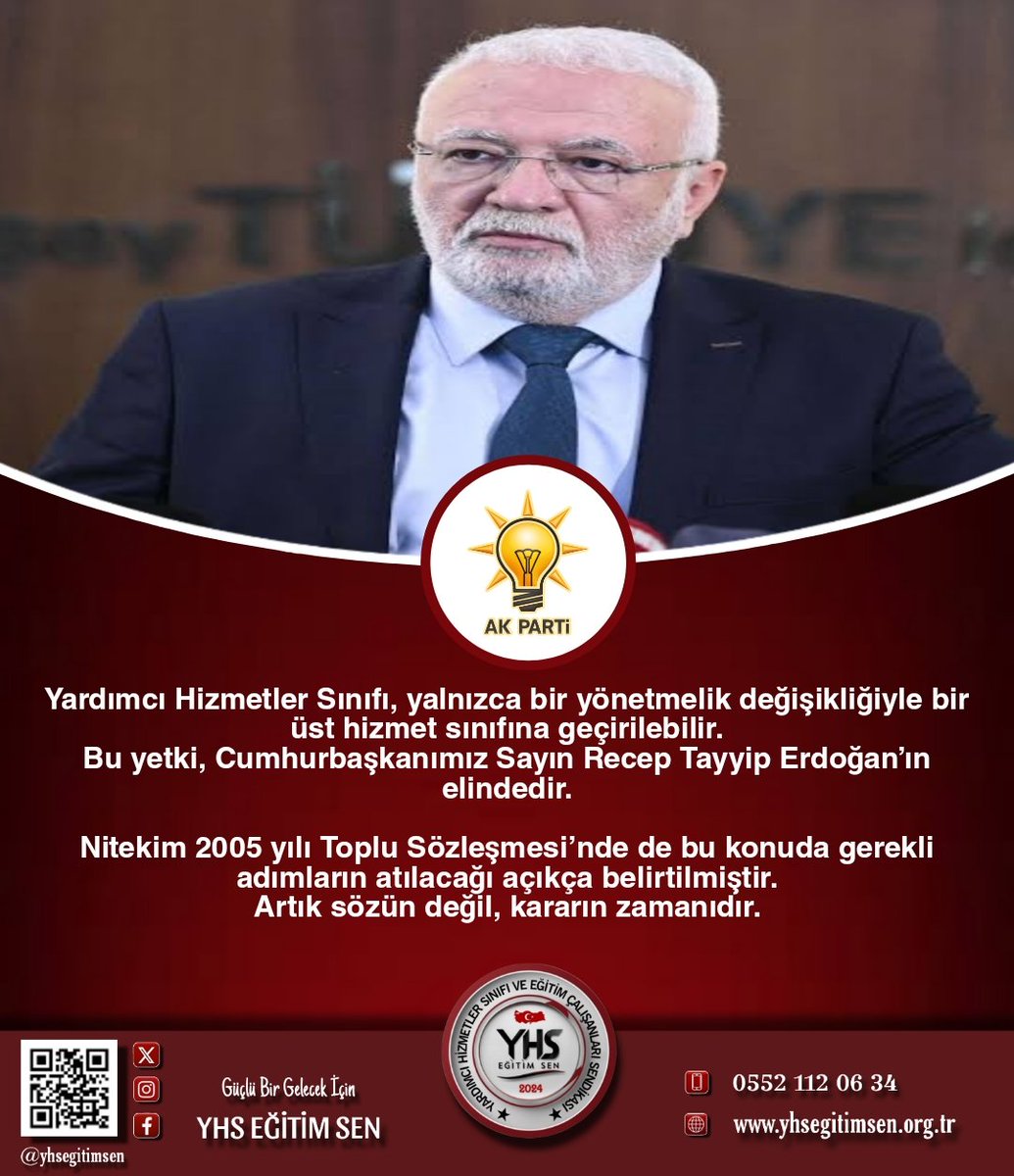 Yardımcı Hizmetler Sınıfı, yalnızca bir yönetmelik değişikliğiyle bir üst hizmet sınıfına geçirilebilir.
Bu yetki Cumhurbaşkanımız Sayın Recep Tayyip Erdoğan’ın elindedir.

2005 yılı Toplu Sözleşmesi’nde bu konuda gerekli adımların atılacağı açıkça belirtilmiştir.

Artık sözün