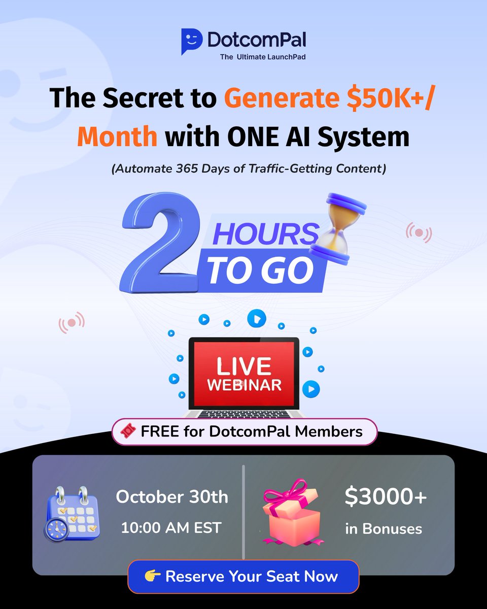 DotcomPal's tweet image. 🚨 2 HOURS TO GO! 🚨
$50K+/Mo AI Secret: Automate 365 Days Content for 7-Fig Agencies!

Neil Napier LIVE at 10 AM EST. Scale 20→100 clients. $20K saved.

FREE for DotcomPal—don&apos;t get &quot;Halloween-scared&quot; by manual work!

#Halloween #2025MAMAVOTE #AIAutomation