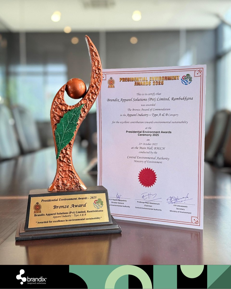 BrandixLanka's tweet image. For the second year in a row, our facility in Rambukkana has been recognized at the #PresidentialEnvironmentAwards 2025! Congratulations to all winning organizations &amp;amp; our team for their dedication &amp;amp; collective effort that made this possible. #Brandix #InspiredSolutions