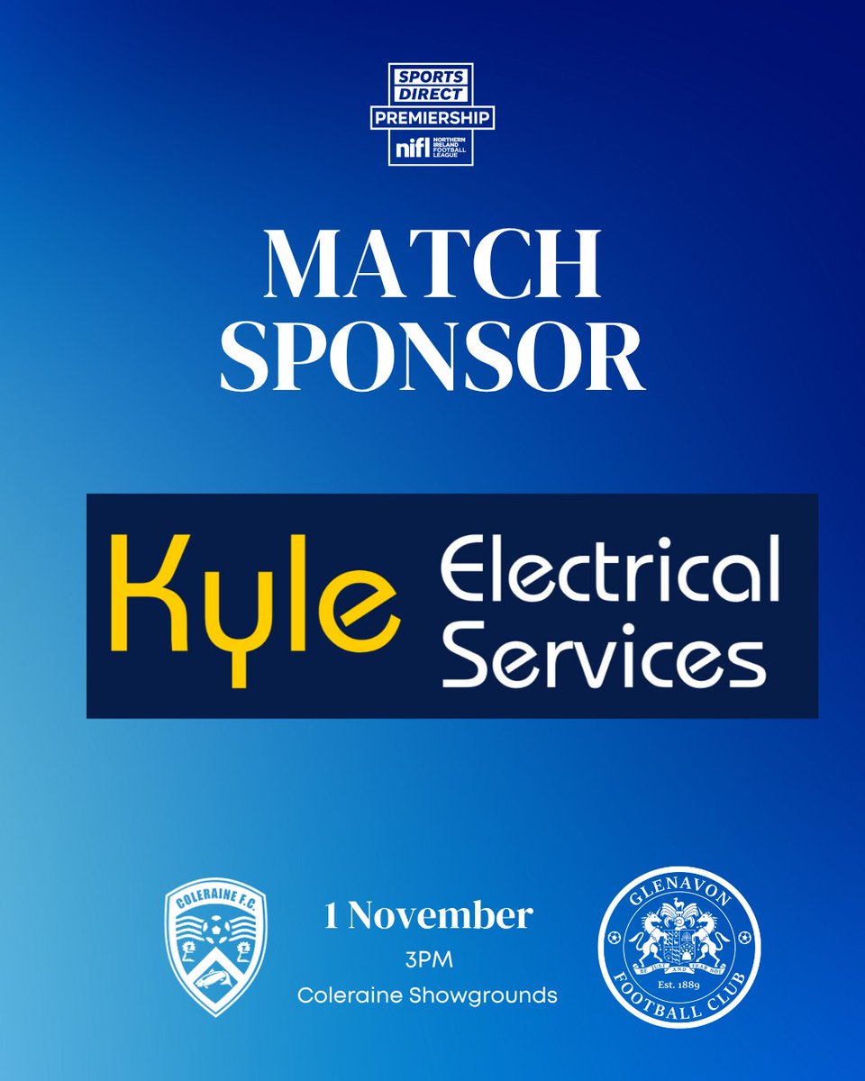 ColeraineFC's tweet photo. 𝗠𝗔𝗧𝗖𝗛 𝗦𝗣𝗢𝗡𝗦𝗢𝗥

A massive thank you to Kyle Electrical Services who are sponsoring Saturday's game at home to Glenavon.

We are appreciative of your ongoing support 🙌 #COTB https://t.co/DEyeMkSKA6