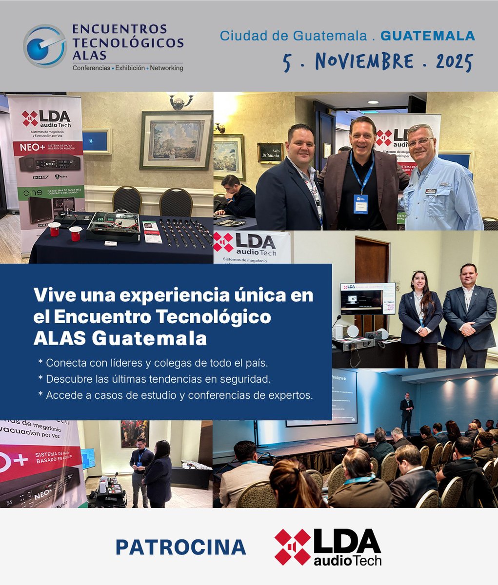 Ya falta poco para vernos en el Encuentro Tecnológico <a href="/alasseguridad/">ALAS - Asociación Latinoamericana de Seguridad</a> en Ciudad de Guatemala.

Descubre cómo integramos nuestras soluciones con otros sistemas de seguridad en emergencias.
🎟️ zurl.co/82onX

#LDA #LDAAudioTech #EventosALAS #PAVAsystems #VoiceAlarm