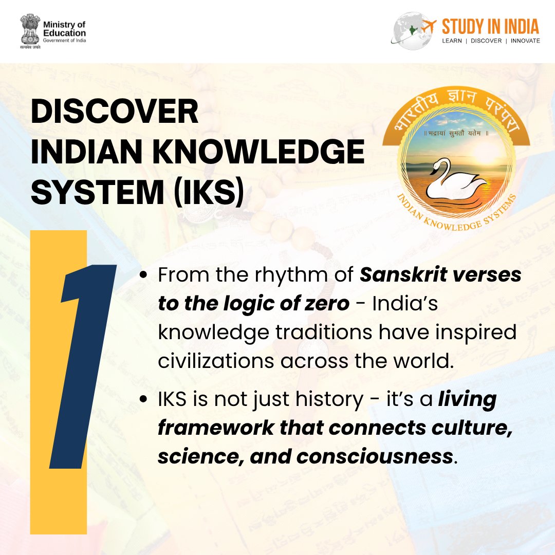 StudyInIndiaGov's tweet image. From the rhythm of Sanskrit verses to the logic of zero — India’s knowledge has inspired the world for 5,000+ years.

Discover the Indian Knowledge System (IKS) — where ancient wisdom meets modern learning.

#StudyInIndia #IndianKnowledgeSystem #NEP2020 @EduMinOfIndia @IKS_Media