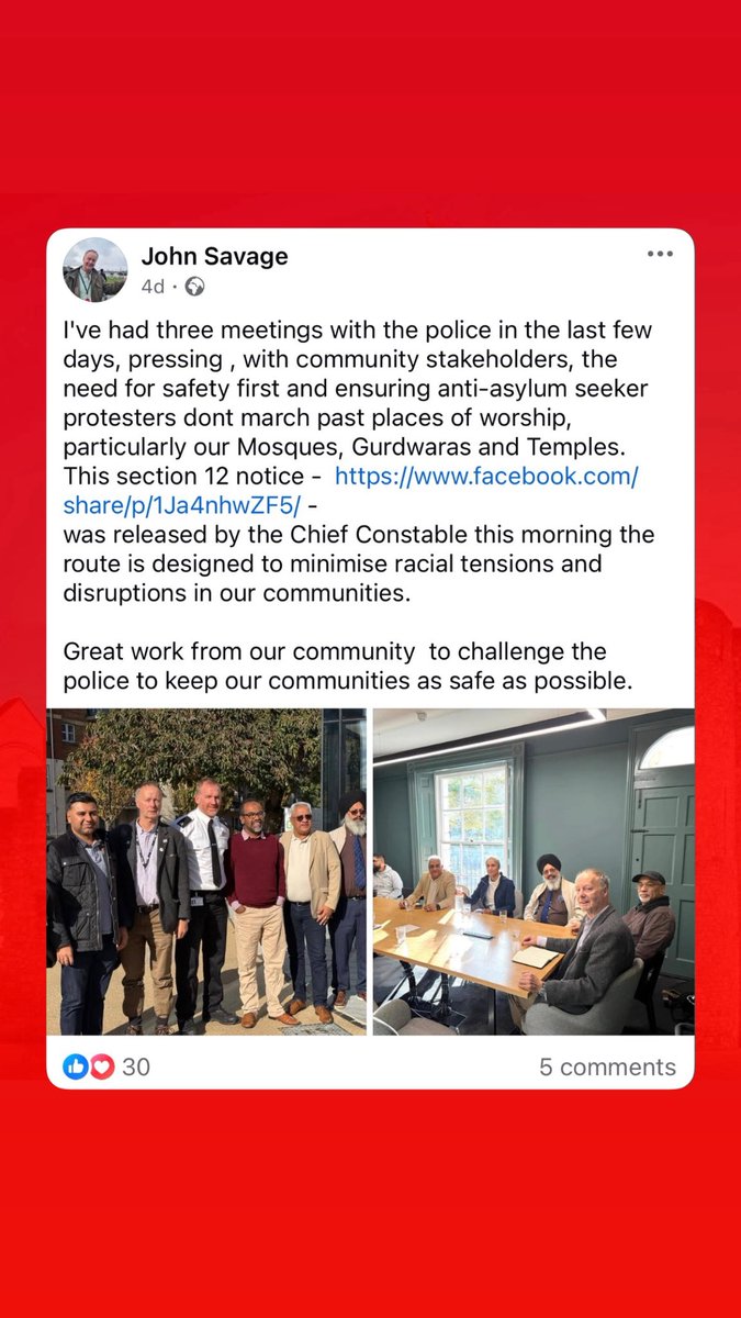 Labour Councillor called last Sundays protest against illegal migrant hotel in Southampton an “anti-asylum seeker protest” whilst meeting “community stakeholders” (Southampton Muslim council and Sikh leaders) with Hampshire Police present.

Shouldnt a representative from the