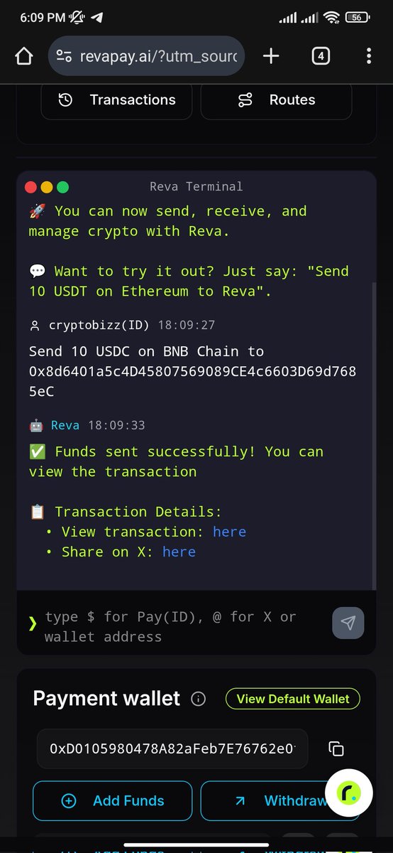 Hey <a href="/REVApay_ai/">Reva</a>, send 10 USDC on BNB Chain to 0x8d6401a5c4D45807569089CE4c6603D69d7685eC