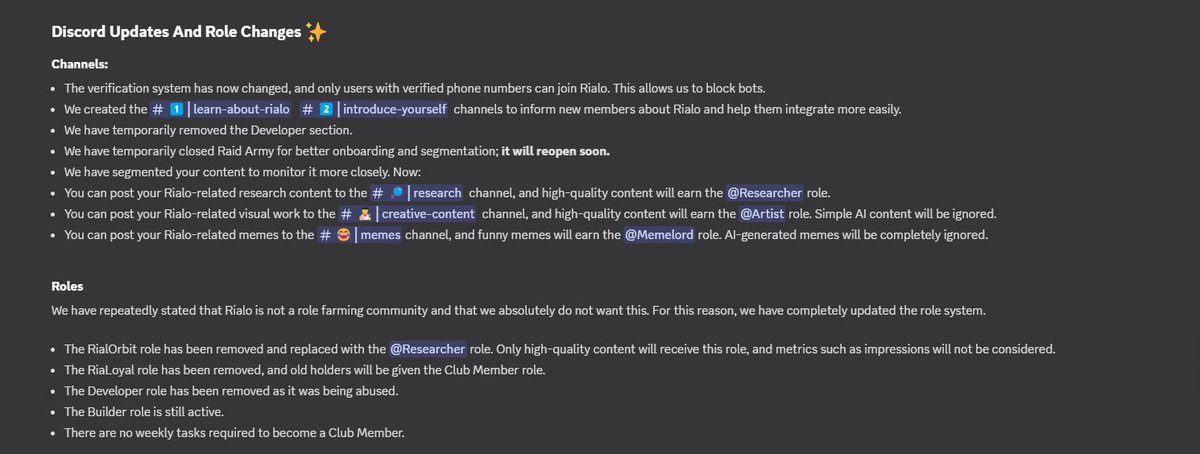 Original_tega's tweet photo. 𝗥𝗶𝗮𝗹𝗼 protocol by @Subzero_Labs

Total raised - $20M

𝗪𝗵𝗮𝘁'𝘀 @RialoHQ 𝗯𝘂𝗶𝗹𝗱𝗶𝗻𝗴?

Rialo is a new blockchain built to connect real apps to real-world data.
It lets developers use normal web tools while still being fully on-chain.
Think of it like giving blockchains internet access so apps can actually 𝙙𝙤 things.

𝗛𝗼𝘄 𝗱𝗼 𝘆𝗼𝘂 𝗰𝗼𝗻𝘁𝗿𝗶𝗯𝘂𝘁𝗲?

Step 1: Discord roles (𝙧𝙚𝙘𝙤𝙢𝙢𝙚𝙣𝙙𝙚𝙙)

Rialo just made an update to their role system recently and no longer supports role farming.
It's now more selective and focused on the quality of contributions.

Some of the roles have been replaced;

RialOrbit ➛ Researcher Role
RiaLoyal ➛ Club member Role
Developer Role (𝙧𝙚𝙢𝙤𝙫𝙚𝙙)
Builder Role (𝙖𝙘𝙩𝙞𝙫𝙚)

𝗛𝗼𝘄 𝘁𝗼 𝗯𝗲𝗰𝗼𝗺𝗲 𝗮 𝗖𝗹𝘂𝗯 𝗠𝗲𝗺𝗯𝗲𝗿 (𝙧𝙚𝙘𝙤𝙢𝙢𝙚𝙣𝙙𝙚𝙙)

Users must hold one of the main roles:
Researcher ➛ high-quality research content
Memelord ➛ high-quality art content
Artist ➛ Rialo-related memes

𝗛𝗼𝘄 𝘁𝗼 𝗴𝗲𝘁 𝘀𝘁𝗮𝗿𝘁𝗲𝗱?

Join the discord - https://t.co/PH69GxtoQx

Start contributing by making standout contributions to the project, writing content, creating graphics, and memes.

Step 2: Testnet (coming soon)

Testnet access will either open up or be shared through codes, so it is not something rare.
So focus your energy on contributing.

Join waitlist: https://t.co/gzOA0kY7jt