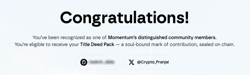 Momentum Title Deed Nomination Results Are Out!

If you weren’t eligible last time but your friends nominated you, you may be eligible now. Go check it out.

✅ Check here: deed.mmt.finance/check-eligibil…

Wasn’t eligible before, but thanks to everyone who nominated me, I’m finally in.