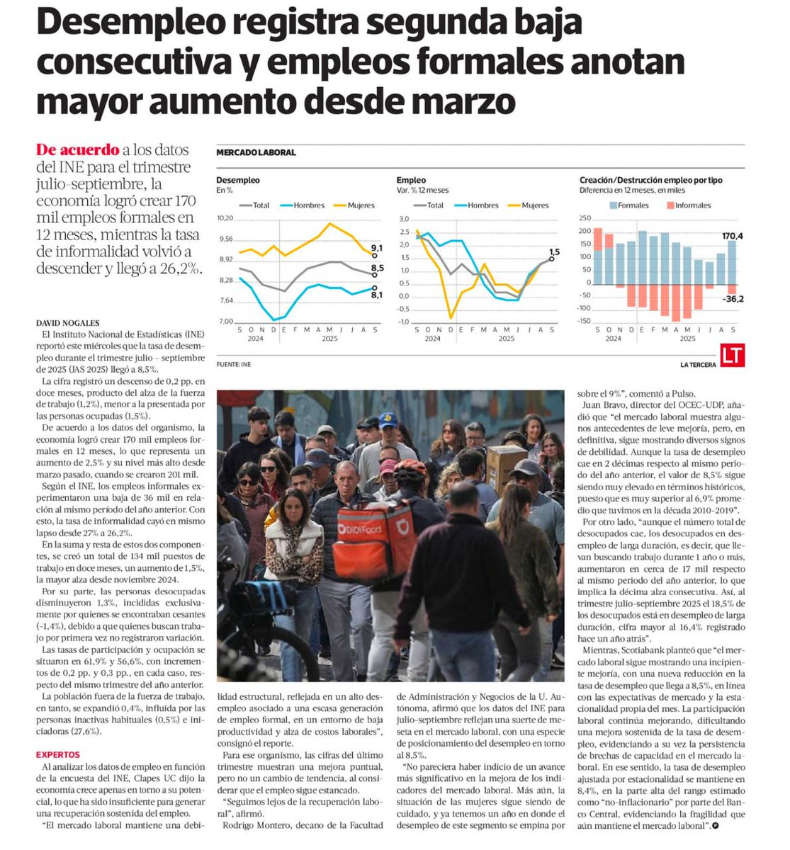 [NOTA <a href="/latercera/">La Tercera</a>] Nuestro informe "Análisis cifras de empleo CLAPES UC (Trimestre móvil jul-sep 2025)" señaló que el #MercadoLaboral mantiene una debilidad estructural, con alto #desempleo, baja generación de #empleo formal, escasa productividad y mayores costos laborales. Aunque