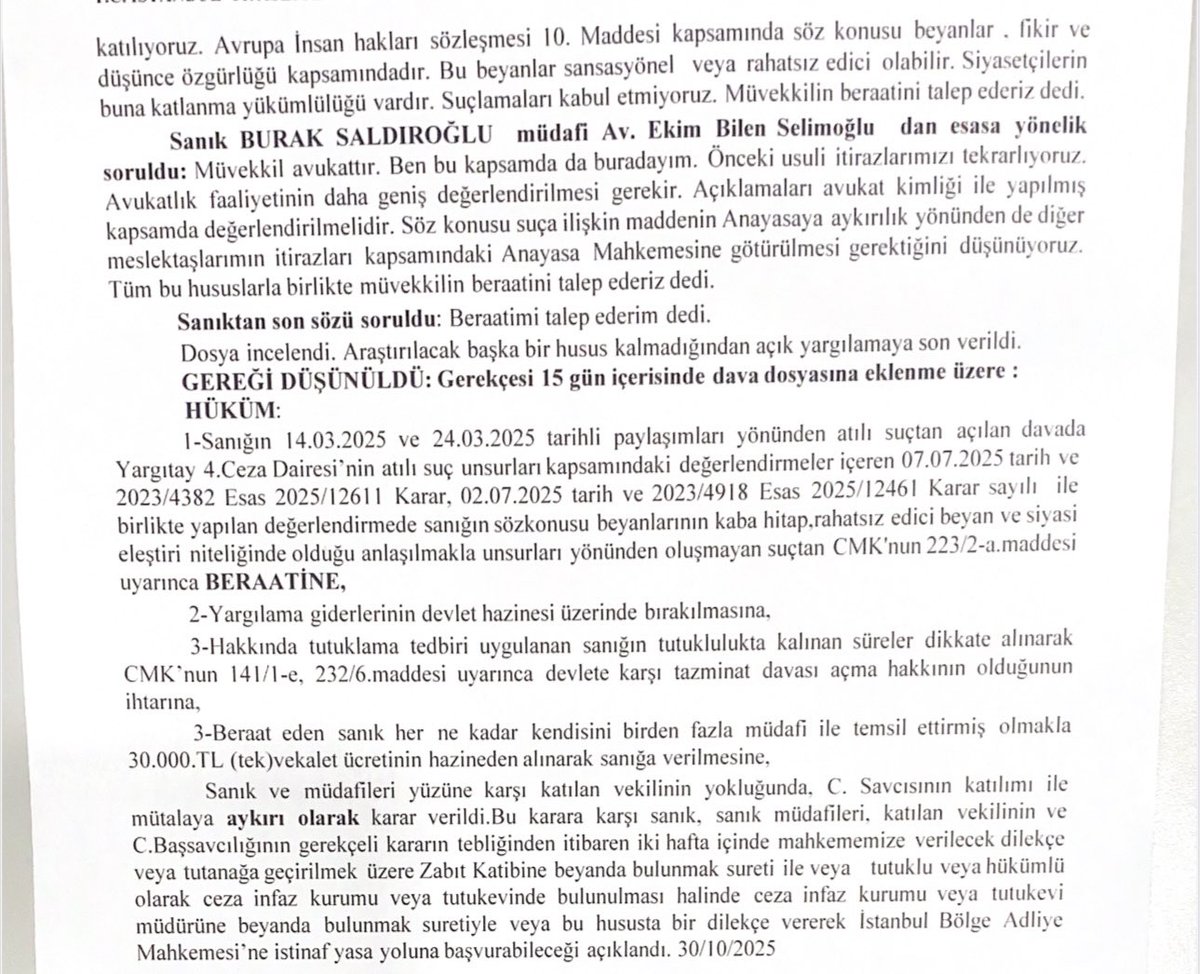 50 gün tutuklu kalan Av. Burak Saldıroğlu’nun beraatine karar verildi. Gözümüz aydın.

133 gündür tutuklu olan Av. Mehmet Pehlivan’ı da alacağız. 

Meslektaşlarımızı asla geride bırakmayacağız. 

<a href="/av_saldiroglu/">Av. Burak SALDIROĞLU, LL.M.</a> 
<a href="/mehmettpehlivan/">Mehmet Pehlivan</a>