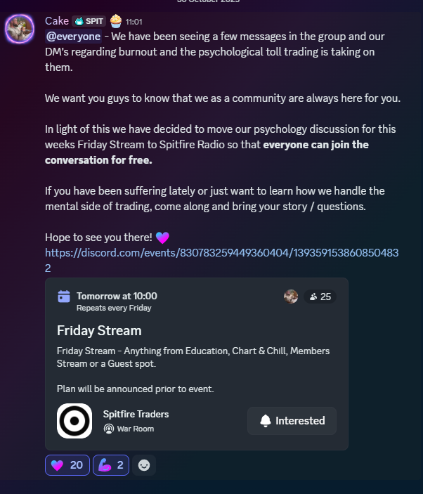 This week, we've decided to host our Friday educational stream in the free public discord. 

Read the post below for more details 

If you've been mentally struggling in your trading game, come join us for a psychology stream. We'll answer your questions and try to help you