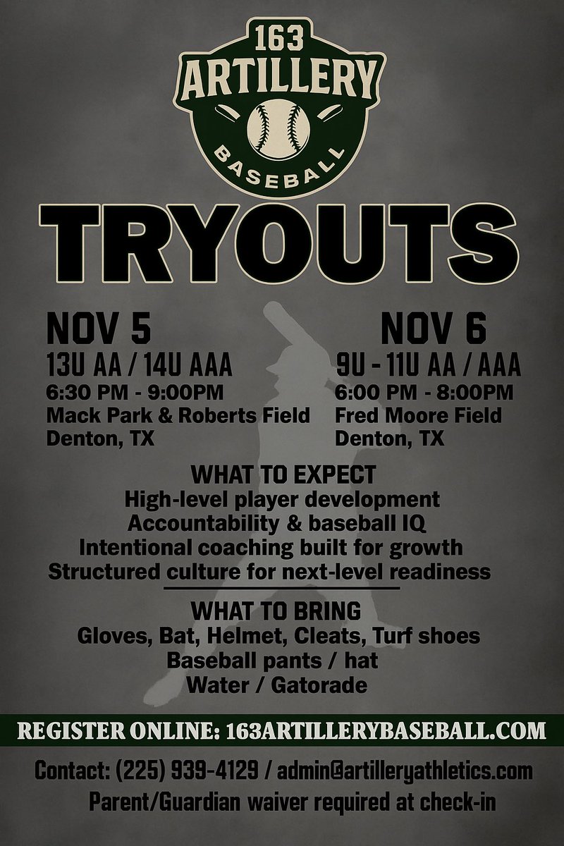 Tryouts are set ⚾️
Development, accountability, and culture. That’s the Artillery way.
High school tryouts and showcase details for 15U through 18U coming soon.

DM us or email admin@163artillerybaseball.com for more info.

Register online at 163artillerybaseball.com