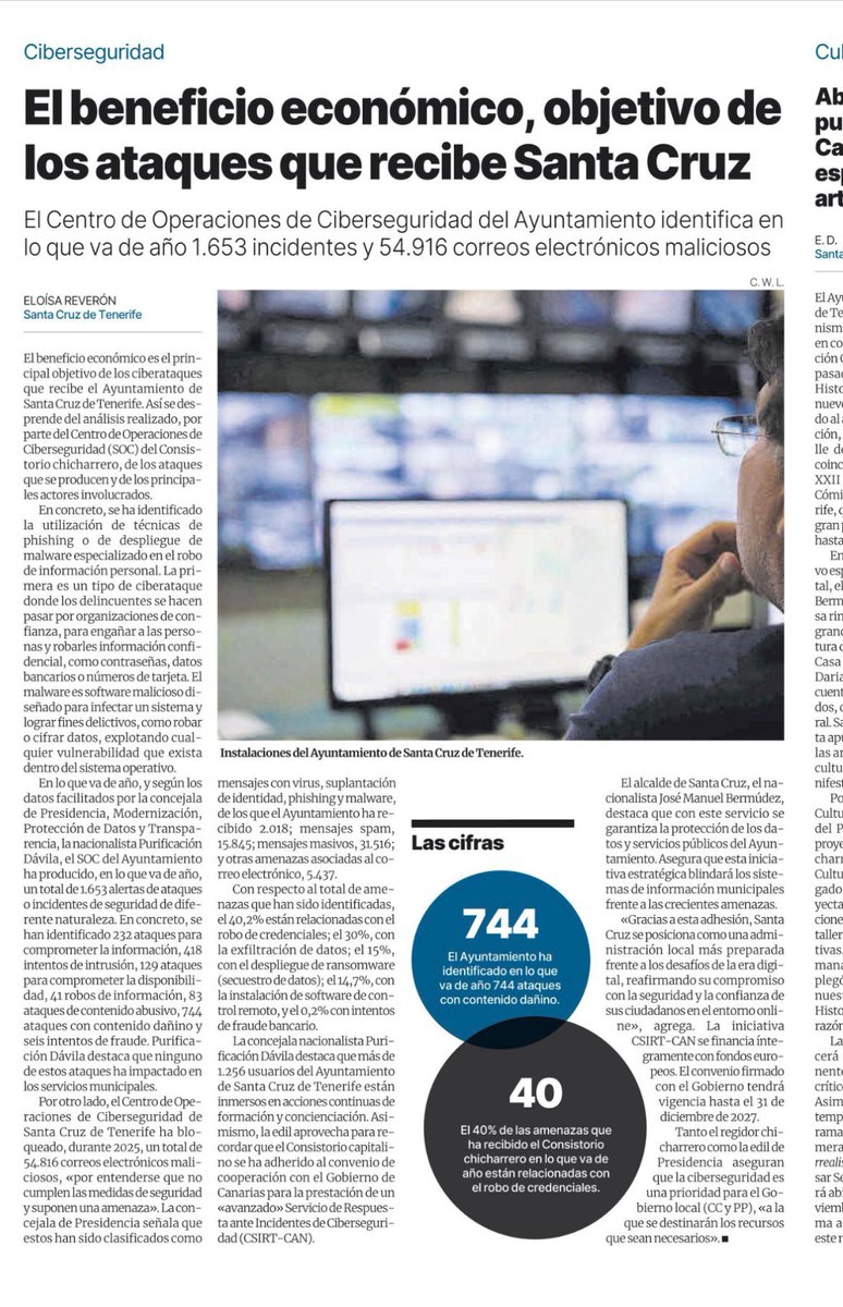 En una publicación del <a href="/eldia/">El Día</a>, destacan la labor de CSIRT-CAN: «Gracias a la adhesión del CSIRT-CAN, Santa Cruz se posiciona como una administración local más preparada frente a los desafíos de la era digital».
¡Seguimos!
#Ciberseguridad #Canarias #AyuntamientodeSantaCruz