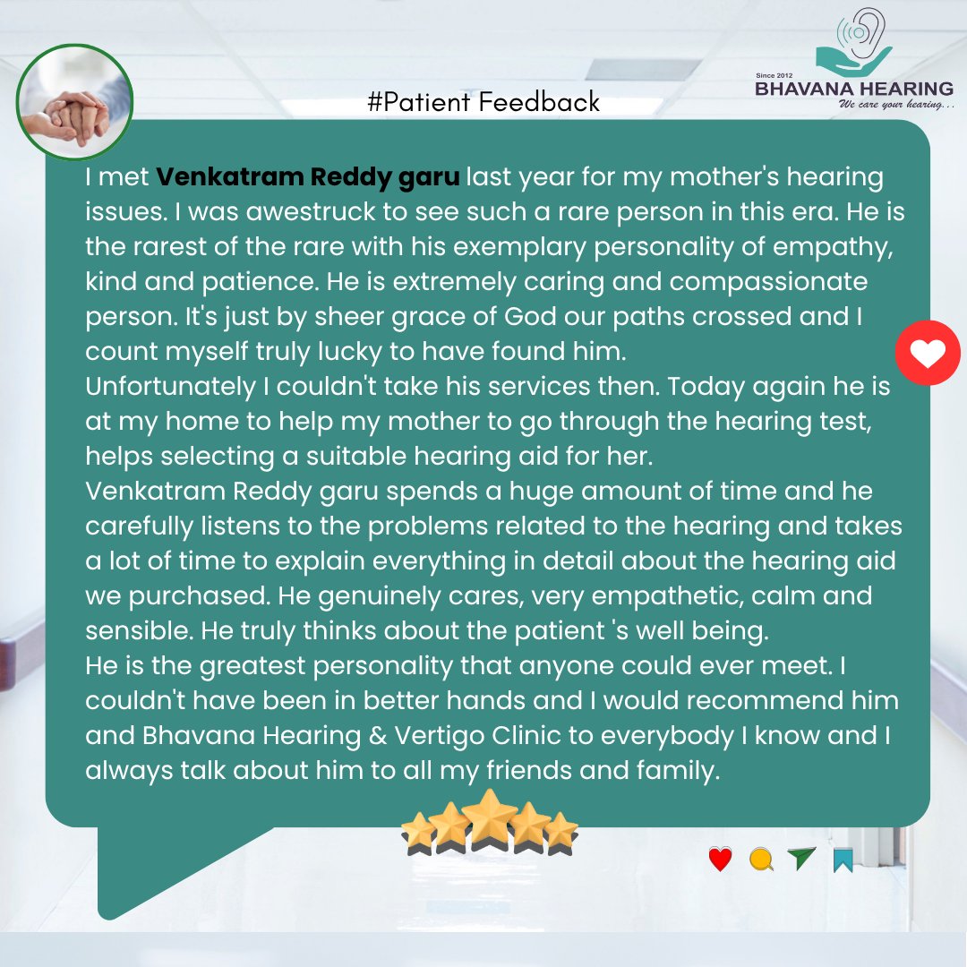 ✨ Words like these remind us why we do what we do!
At Bhavana Hearing Care, every patient’s journey matters.
Thank you for trusting us with your hearing health and happiness. 💚