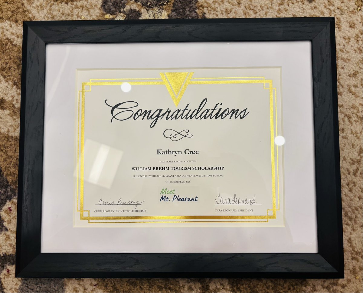 cmurpl's tweet image. Congrats to Katie Cree (Event &amp;amp; Rec Mgt major) as the 2025 recipient of the William Brehm Tourism Scholarship presented by @MtPleasantCVB. Katie joins an incredible legacy as an RPL major/minor has won this scholarship in 18 of the last 19 years! @cmuehs @cmuniversity @cmualumni