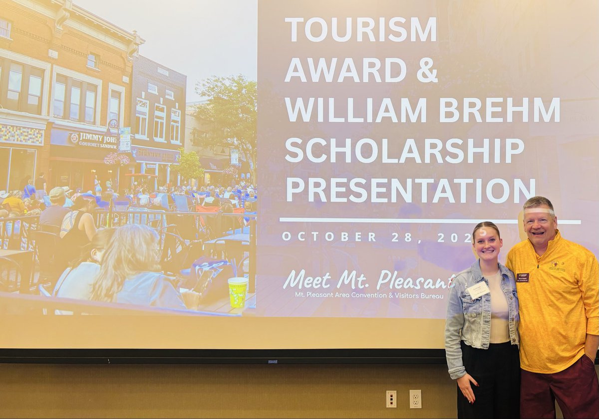 cmurpl's tweet image. Congrats to Katie Cree (Event &amp;amp; Rec Mgt major) as the 2025 recipient of the William Brehm Tourism Scholarship presented by @MtPleasantCVB. Katie joins an incredible legacy as an RPL major/minor has won this scholarship in 18 of the last 19 years! @cmuehs @cmuniversity @cmualumni