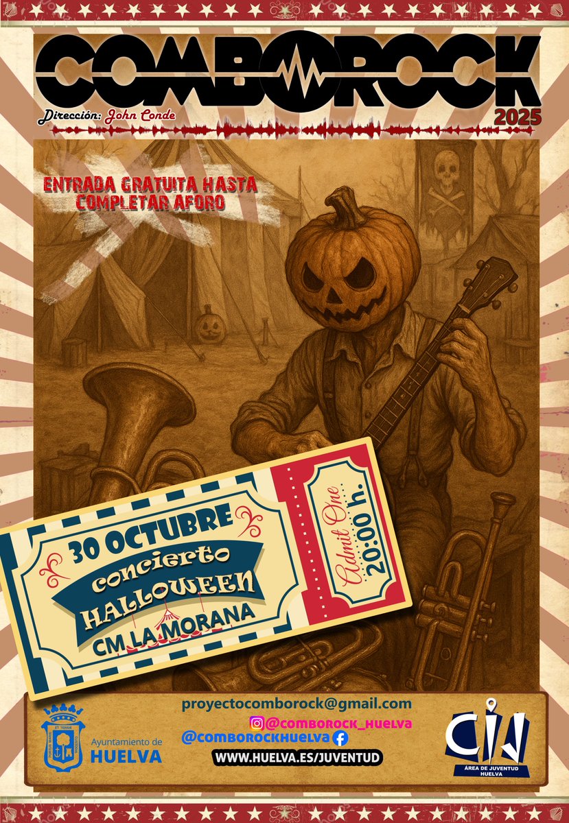 CONCIERTO COMBOROCK HALLOWEEN . Esta tarde, a las 20:00 en el CM La Morana.
No os perdáis a los chic@s del proyecto <a href="/_ComboRock_/">ComboRock Huelva</a>  <a href="/cijhuelva/">Centro de Informacion Juvenil Municipal de Huelva</a> <a href="/AytoHuelva/">Ayuntamiento Huelva</a> bajo la dirección de John Conde. Entrada gratuita hasta completar aforo.