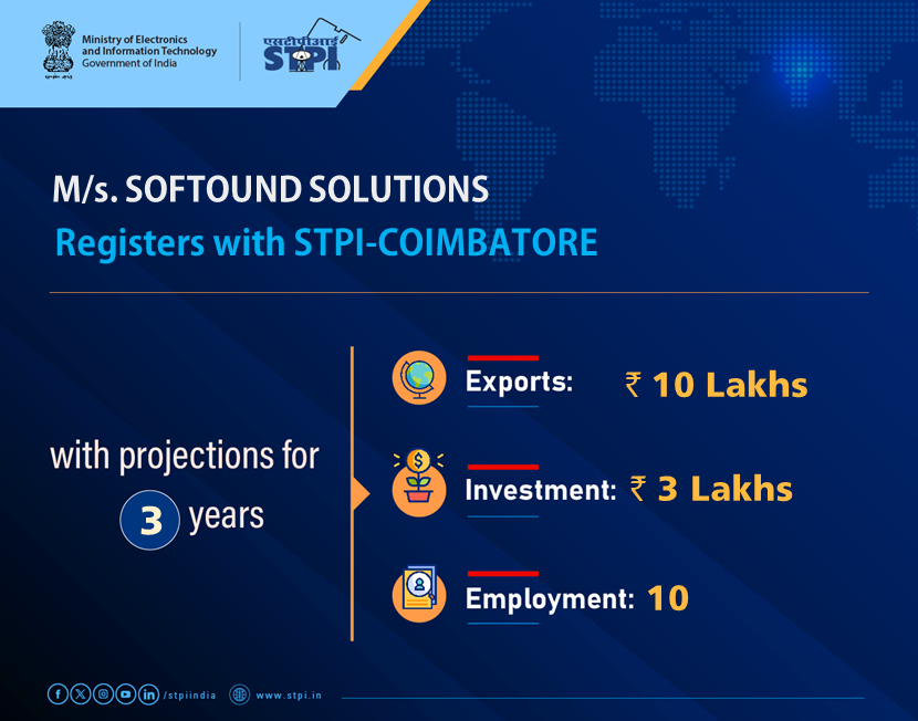 STPICoimbatore's tweet image. Welcome M/s. SOFTOUND SOLUTIONS #Coimbatore! Looking forward to a successful journey ahead. #GrowWithSTPI #DigitalIndia #STPIINDIA #StartupIndia #STPIRegdUnit @AshwiniVaishnaw @JitinPrasada