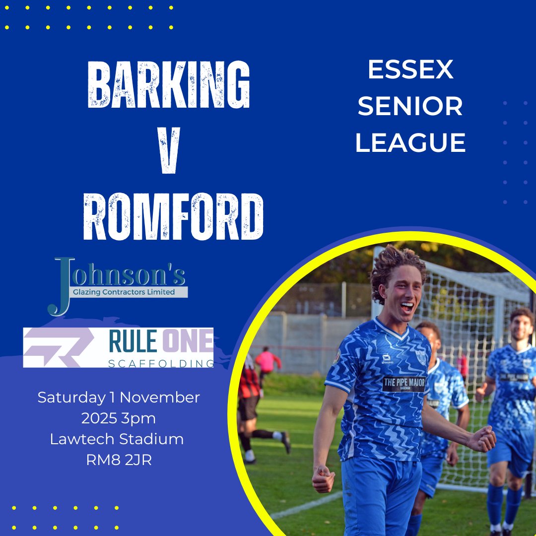 barkingfc's tweet image. SATURDAY

We host our tenants @RomfordFC in a local derby in the @EssexSenior! 

Also a special mention to our Match Sponsor Johnsons Glazing Contractors Ltd (johnsonsglazing.co.uk) and our Matchball Sponsor Rule One Scaffolding (ruleonescaffolding.co.uk) !